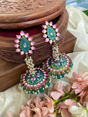 Cluster Pearl Meenakari Long Jhumkas-Teal-G5039