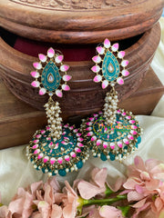 Cluster Pearl Meenakari Long Jhumkas-Teal-G5039