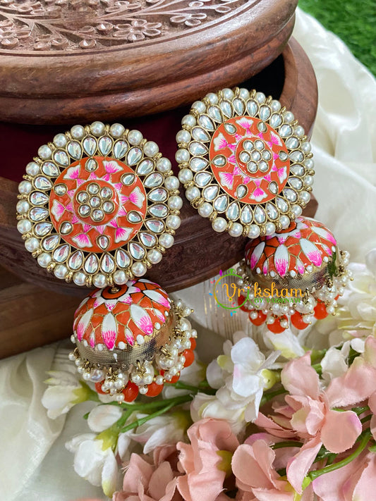 Jumbo Stud Meenakari Jhumkas-Coral-G5035