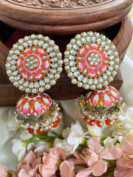 Jumbo Stud Meenakari Jhumkas-Coral-G5035