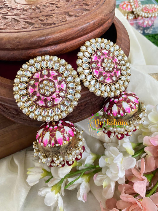 Jumbo Stud Meenakari Jhumkas-Maroon-G5036