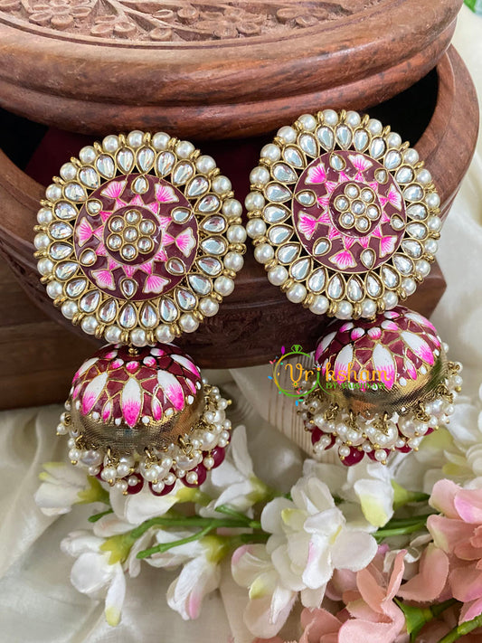 Jumbo Stud Meenakari Jhumkas-Maroon-G5036