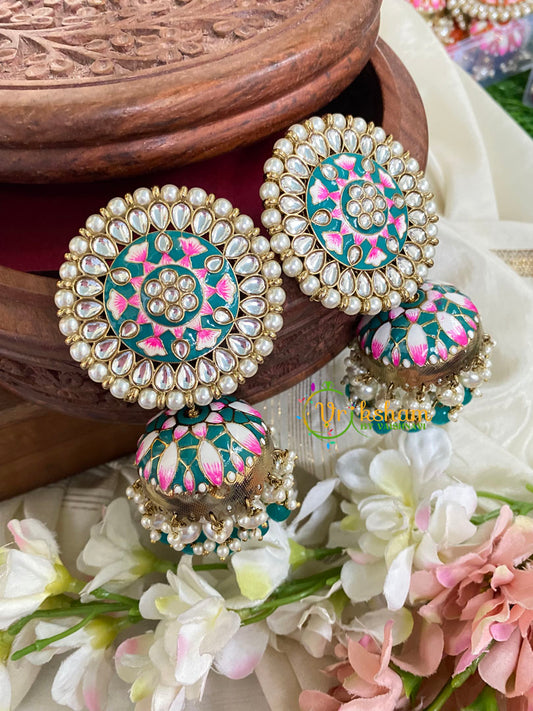 Jumbo Stud Meenakari Jhumkas-Teal-G5037