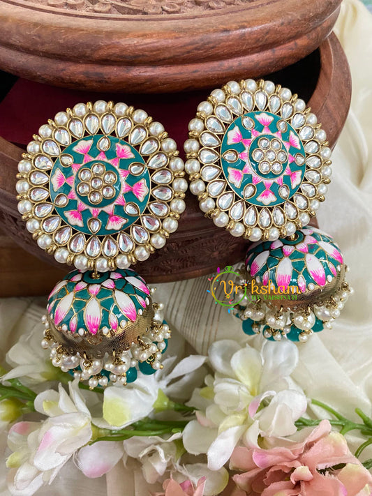 Jumbo Stud Meenakari Jhumkas-Teal-G5037