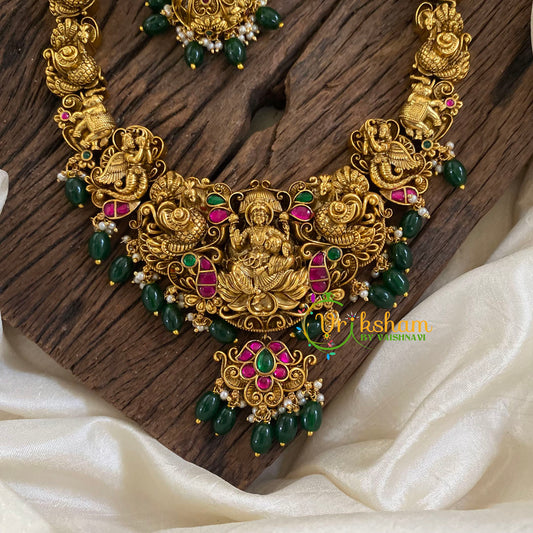 Precious Jadau Kundan Lakshmi Haram - Green Bead-J1363