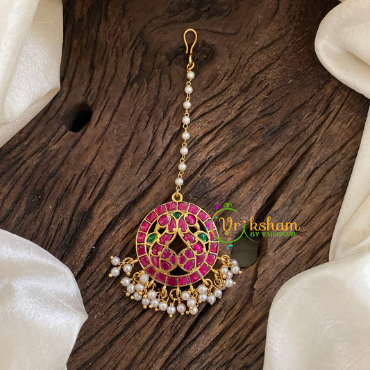 Single Pearl Strand Hook Type Jadau Kundan Maang Tikka -Peacock -j1421