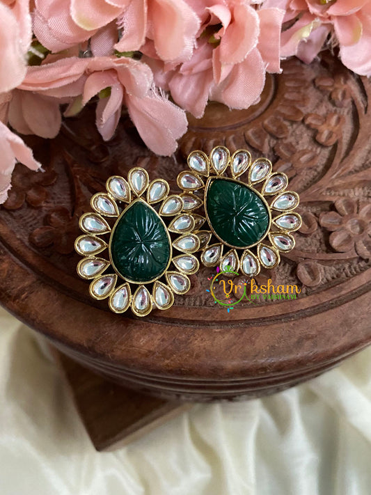  Kundan Studs- Stone Pear Studs-Dark Green-G5012