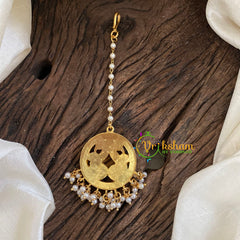 Single Pearl Strand Hook Type Jadau Kundan Maang Tikka -Peacock -j1421