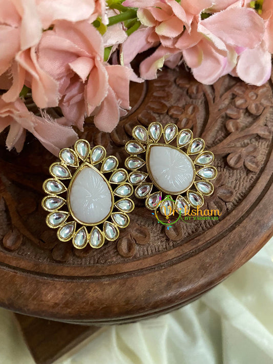  Kundan Studs- Stone Pear Studs-Pale White-G5008