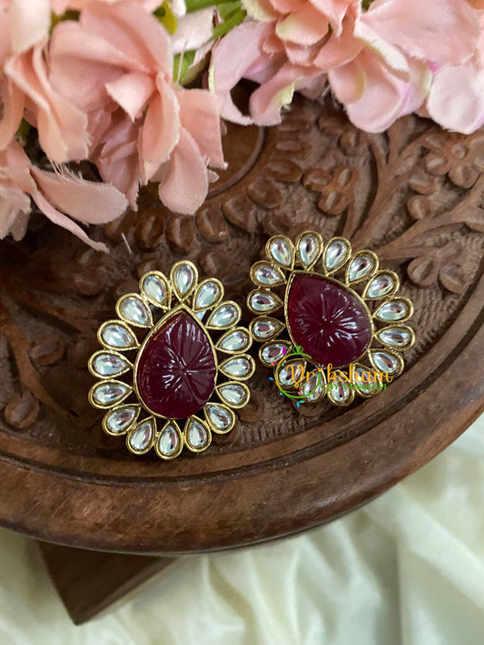  Kundan Studs- Stone Pear Studs-Maroon-G5053