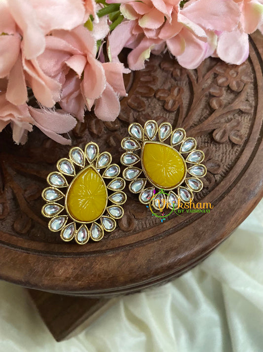  Kundan Studs- Stone Pear Studs-Yellow-G5010