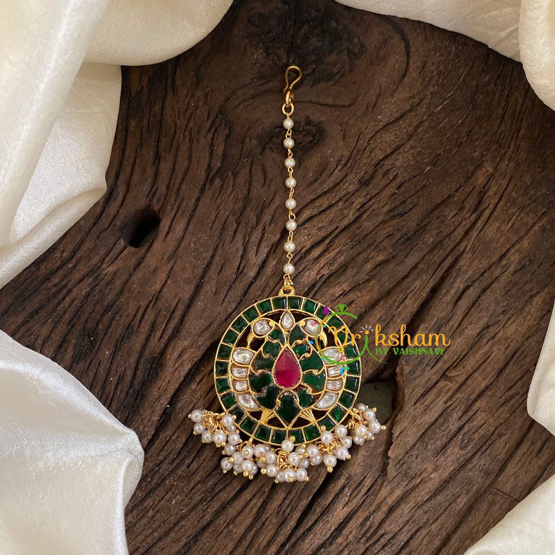 Single Pearl Strand Hook Type Jadau Kundan Maang Tikka -Peacock-Pearl -j1424