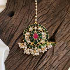 Single Pearl Strand Hook Type Jadau Kundan Maang Tikka -Peacock-Pearl -j1424