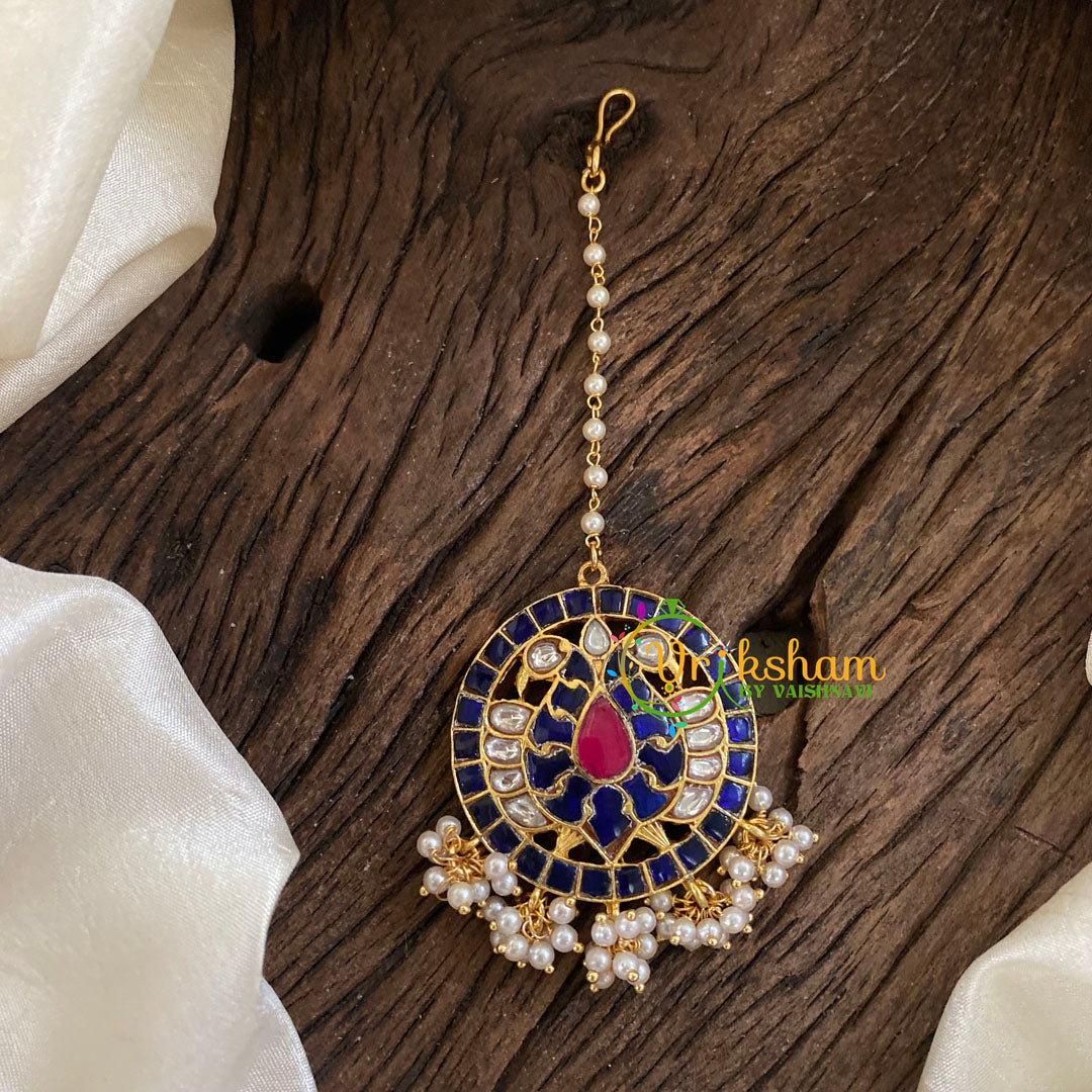 Single Pearl Strand Hook Type Jadau Kundan Maang Tikka -Peacock-Pearl-J1297