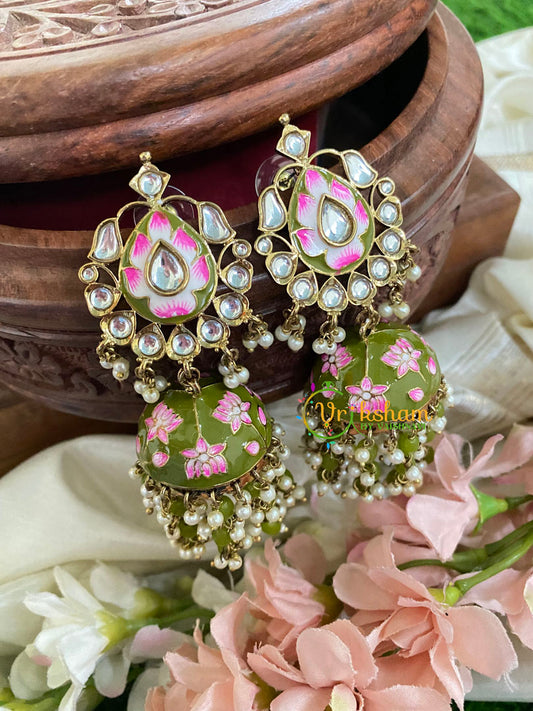 Kundan Stud Meenakari Long Jhumkas-Henna-G5023