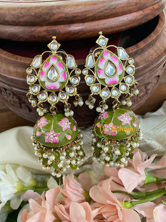 Kundan Stud Meenakari Long Jhumkas-Henna-G5023