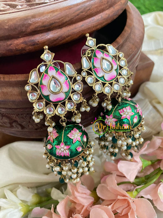 Kundan Stud Meenakari Long Jhumkas-Green-G5024