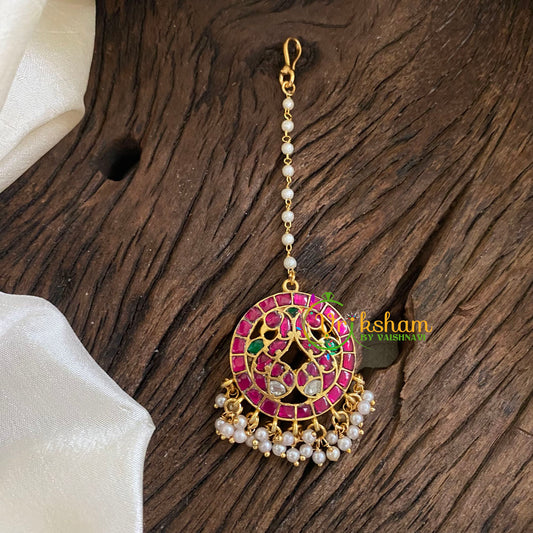 Single Pearl Strand Hook Type Jadau Kundan Maang Tikka -Peacock-Pearl-J1296