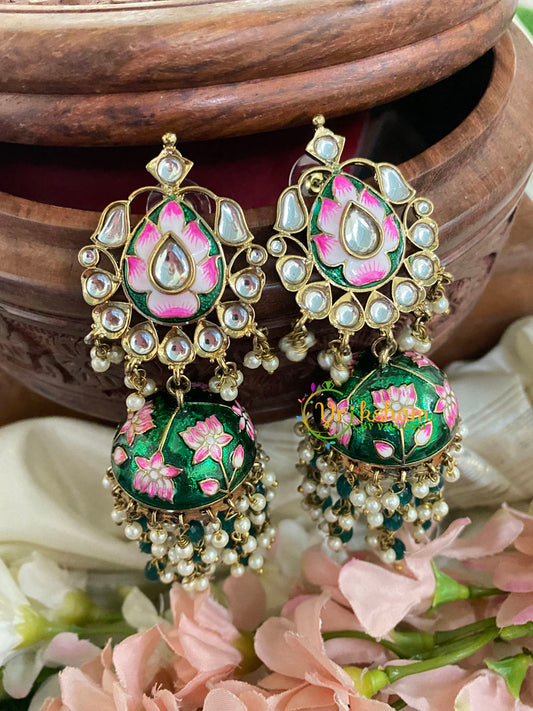 Kundan Stud Meenakari Long Jhumkas-Green-G5024