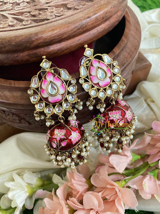 Kundan Stud Meenakari Long Jhumkas-Red-G5025