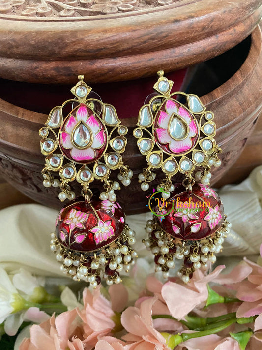 Kundan Stud Meenakari Long Jhumkas-Red-G5025