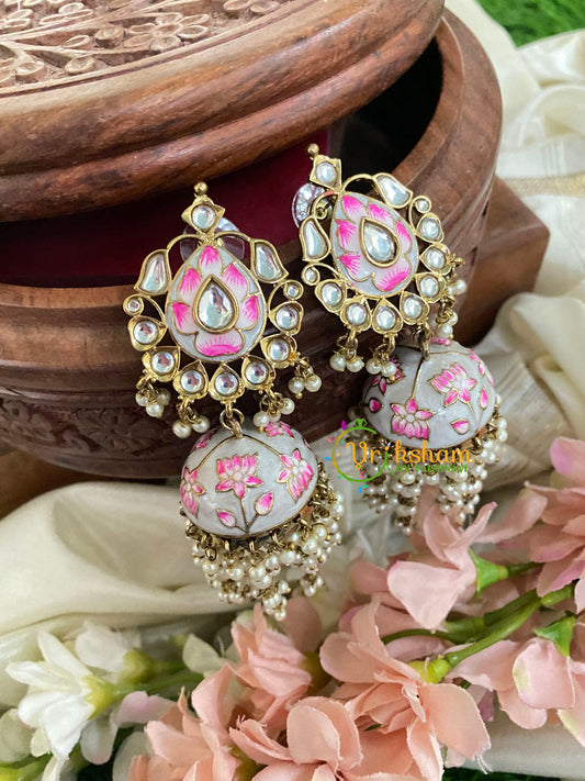 Kundan Stud Meenakari Long Jhumkas-Grey-G5026