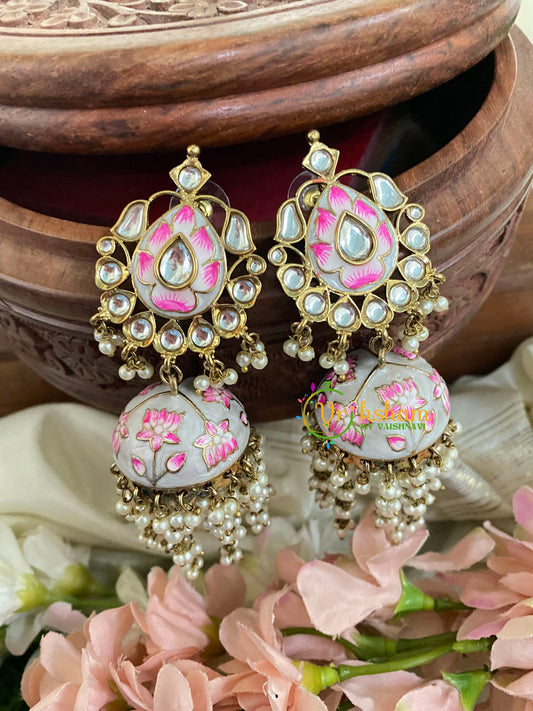 Kundan Stud Meenakari Long Jhumkas-Grey-G5026