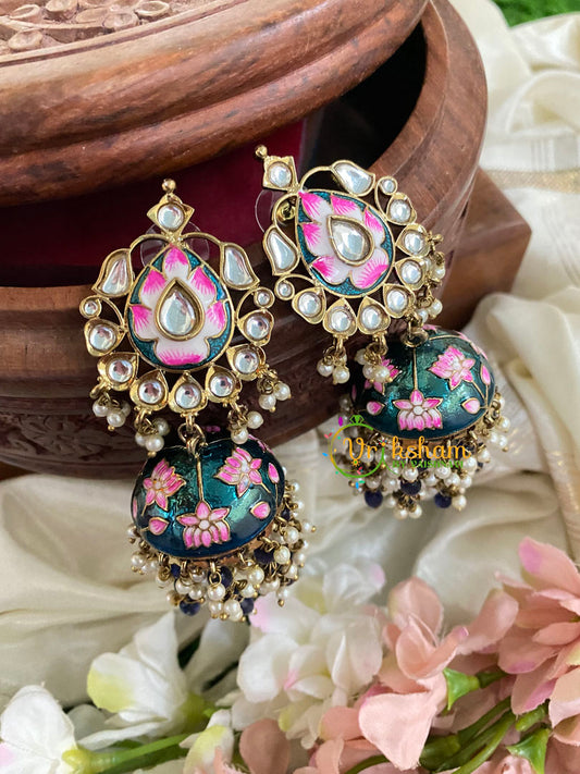 Kundan Stud Meenakari Long Jhumkas-Peacock-G5027