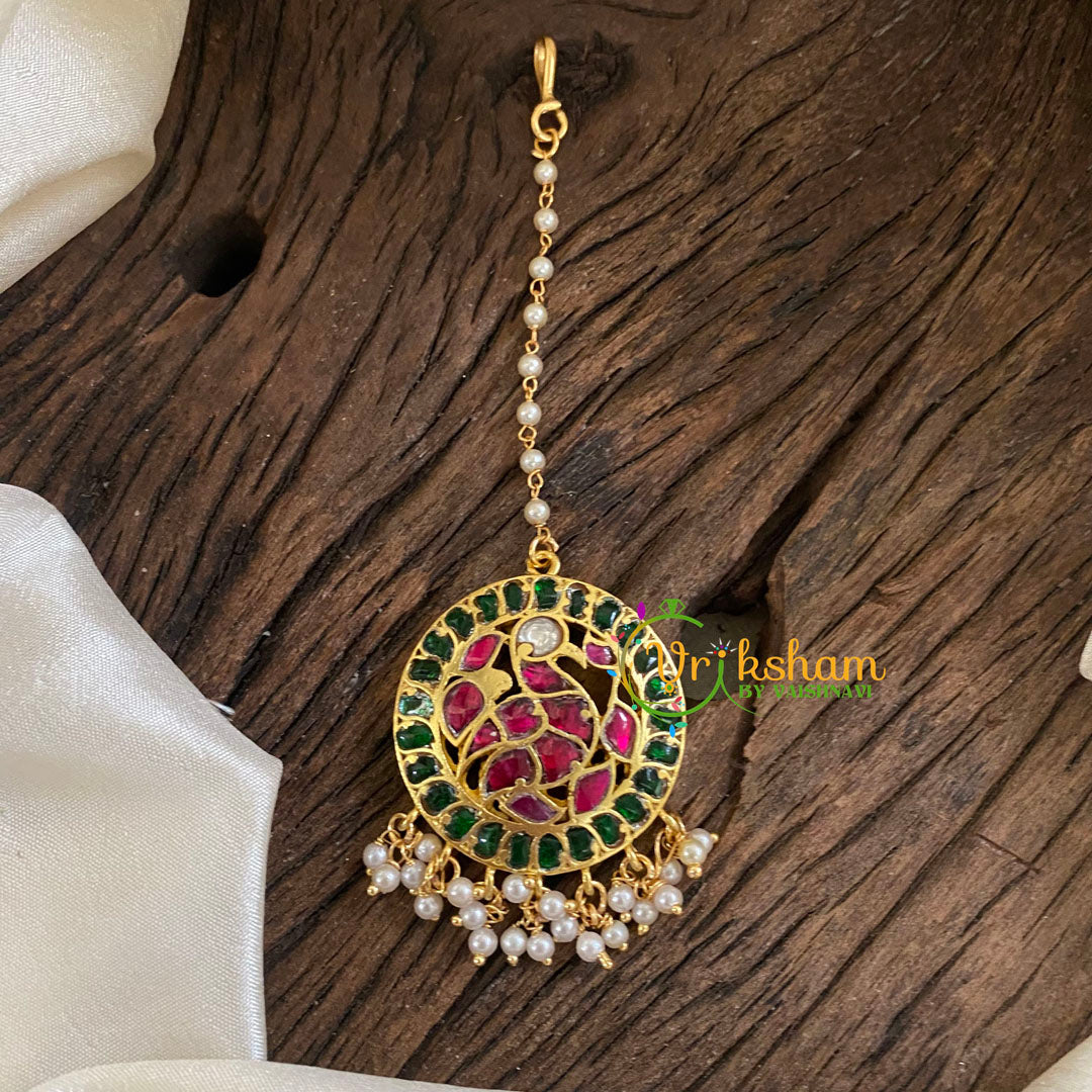 Single Pearl Starnd Hook Type Jadau Kundan Maang Tikka -Peacock-Pearl-J1298