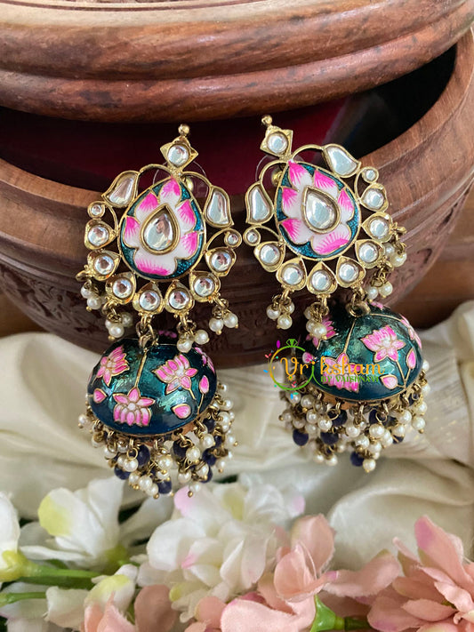 Kundan Stud Meenakari Long Jhumkas-Peacock-G5027