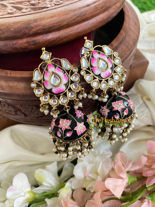 Kundan Stud Meenakari Long Jhumkas-Black-G5028