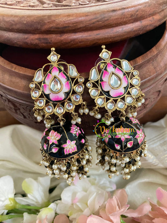 Kundan Stud Meenakari Long Jhumkas-Black-G5028