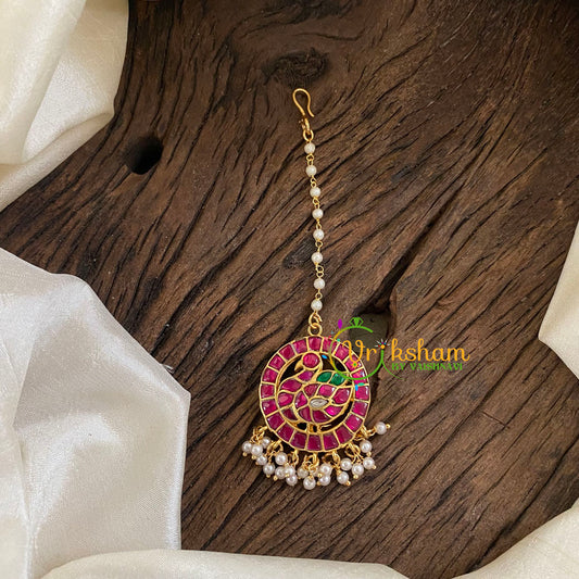 Single Pearl Strand Type Jadau Kundan Maang Tikka -Peacock-Pearl -j1293