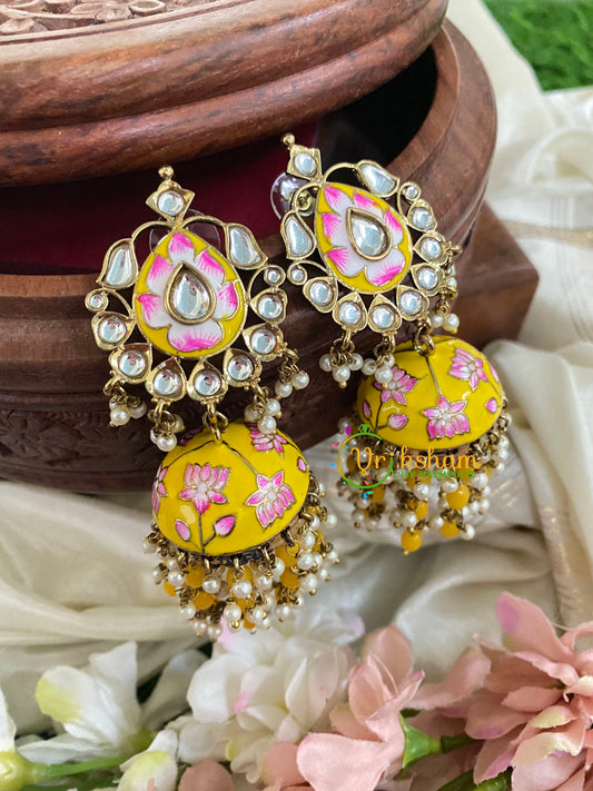 Kundan Stud Meenakari Long Jhumkas-Yellow-G5029