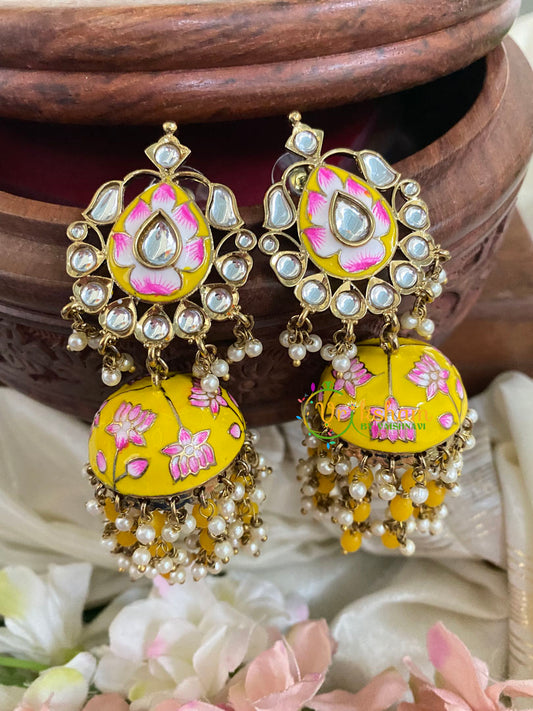 Kundan Stud Meenakari Long Jhumkas-Yellow-G5029