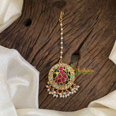 Single Strand Pearl Hook Type Jadau Kundan Maang Tikka -Peacock-Pastel Green Bead Gold Bead -j1295