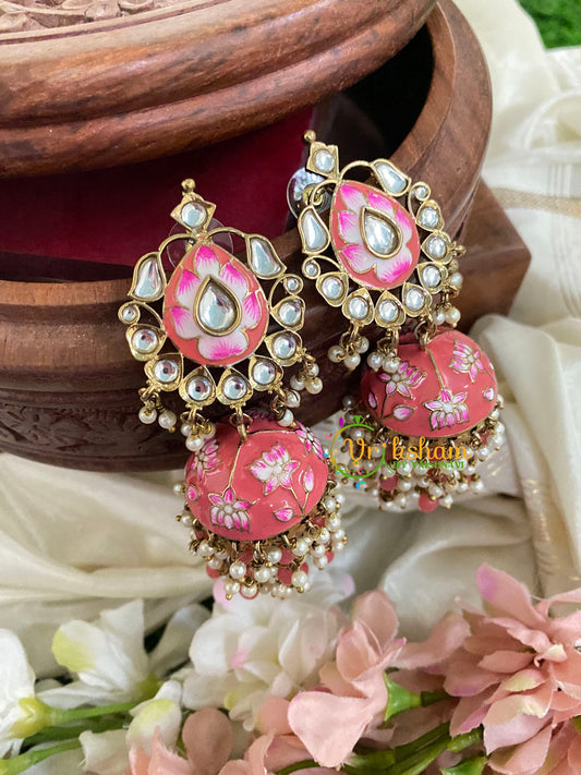 Kundan Stud Meenakari Long Jhumkas-Coral-G5031