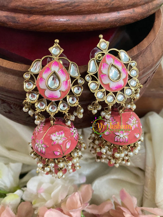 Kundan Stud Meenakari Long Jhumkas-Coral-G5031