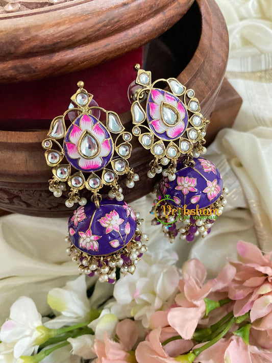 Kundan Stud Meenakari Long Jhumkas-Purple-G5032