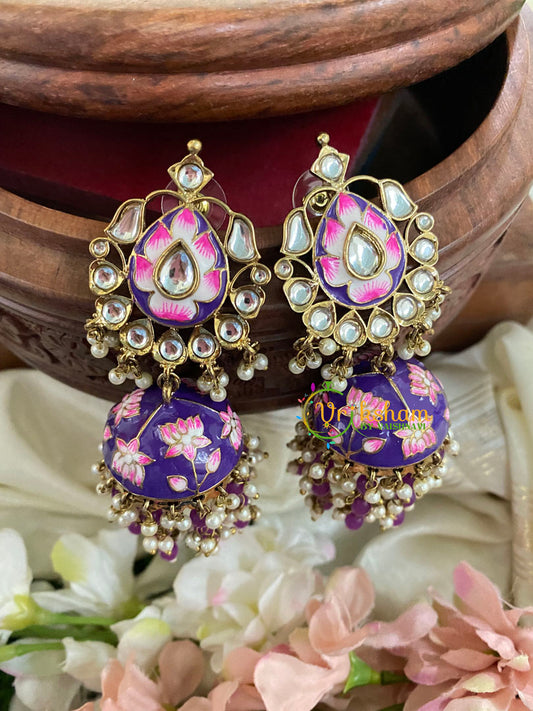 Kundan Stud Meenakari Long Jhumkas-Purple-G5032