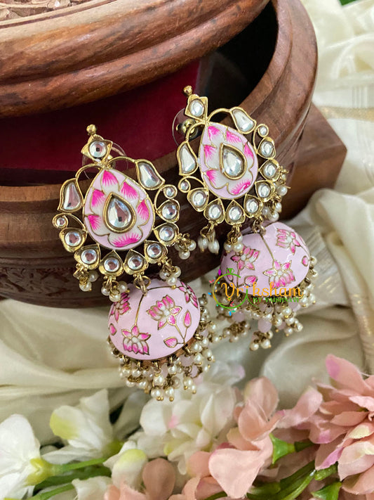 Kundan Stud Meenakari Long Jhumkas-White Pink-G5033