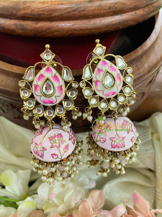 Kundan Stud Meenakari Long Jhumkas-White Pink-G5033