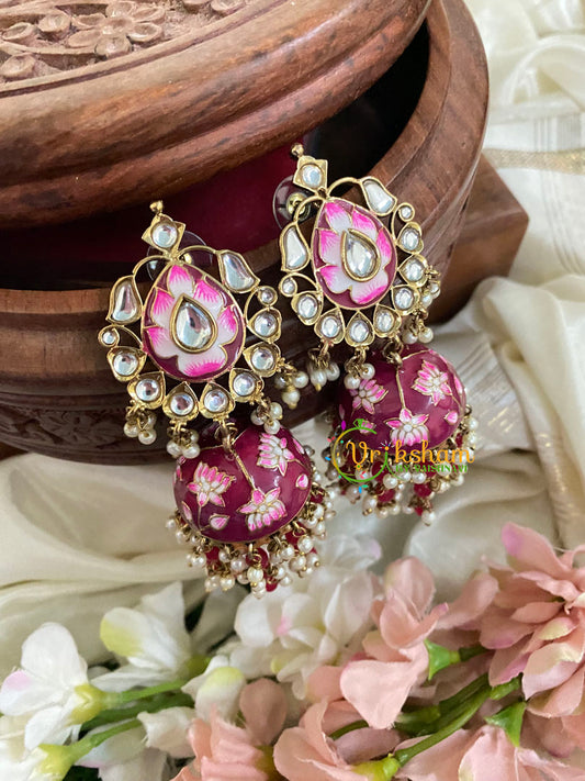 Kundan Stud Meenakari Long Jhumkas-Maroon-G5034