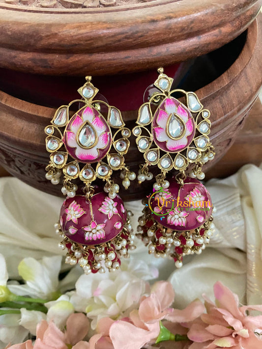 Kundan Stud Meenakari Long Jhumkas-Maroon-G5034