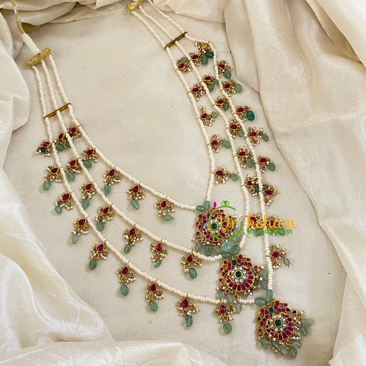 3 Layered Jadau Kundan Pearl Neckpiece -Theedlada-J1355