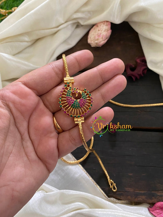 Traditional AD Stone Peacock Mugappu Chain-Red Green-G3020