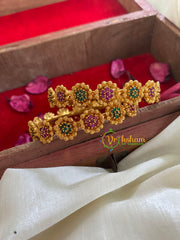 Gold Look Alike AD Stone Bangle-Double Flower-Red Green-G5060
