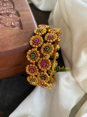 Gold Look Alike AD Stone Bangle-Double Flower-Red Green-G5060
