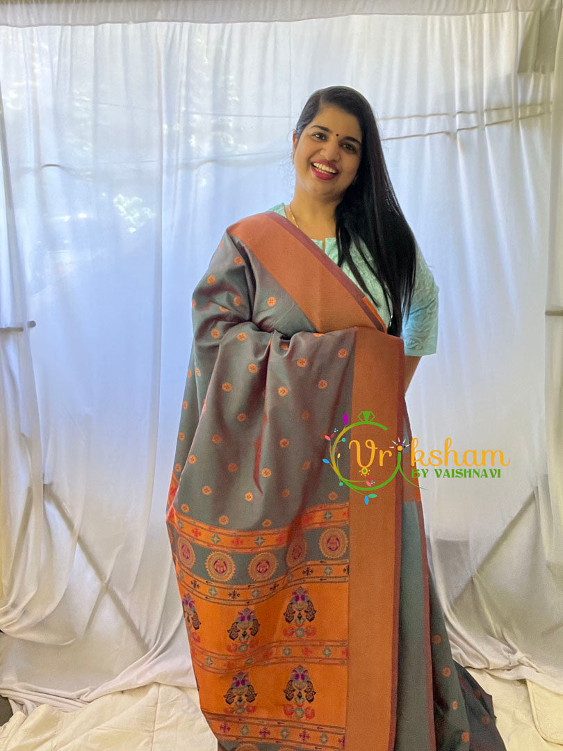 Grey Paithani Semi Soft Silk Saree -VS740