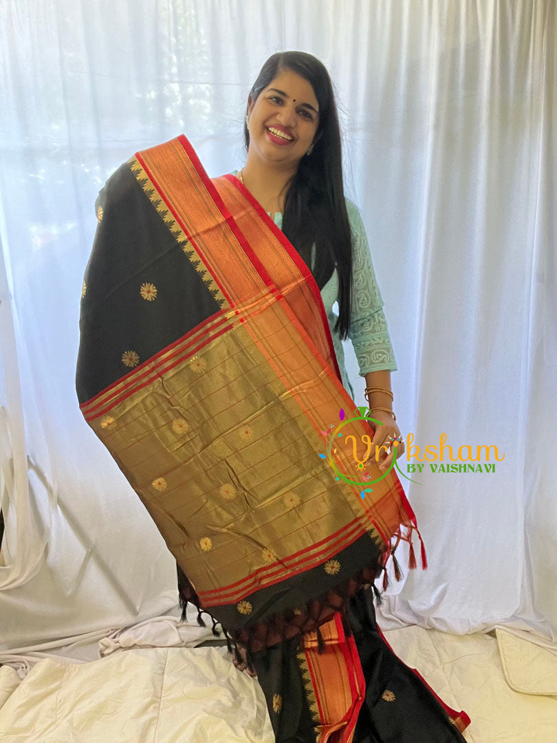 Black with Red Rani Paithani Soft Silk Saree -VS759